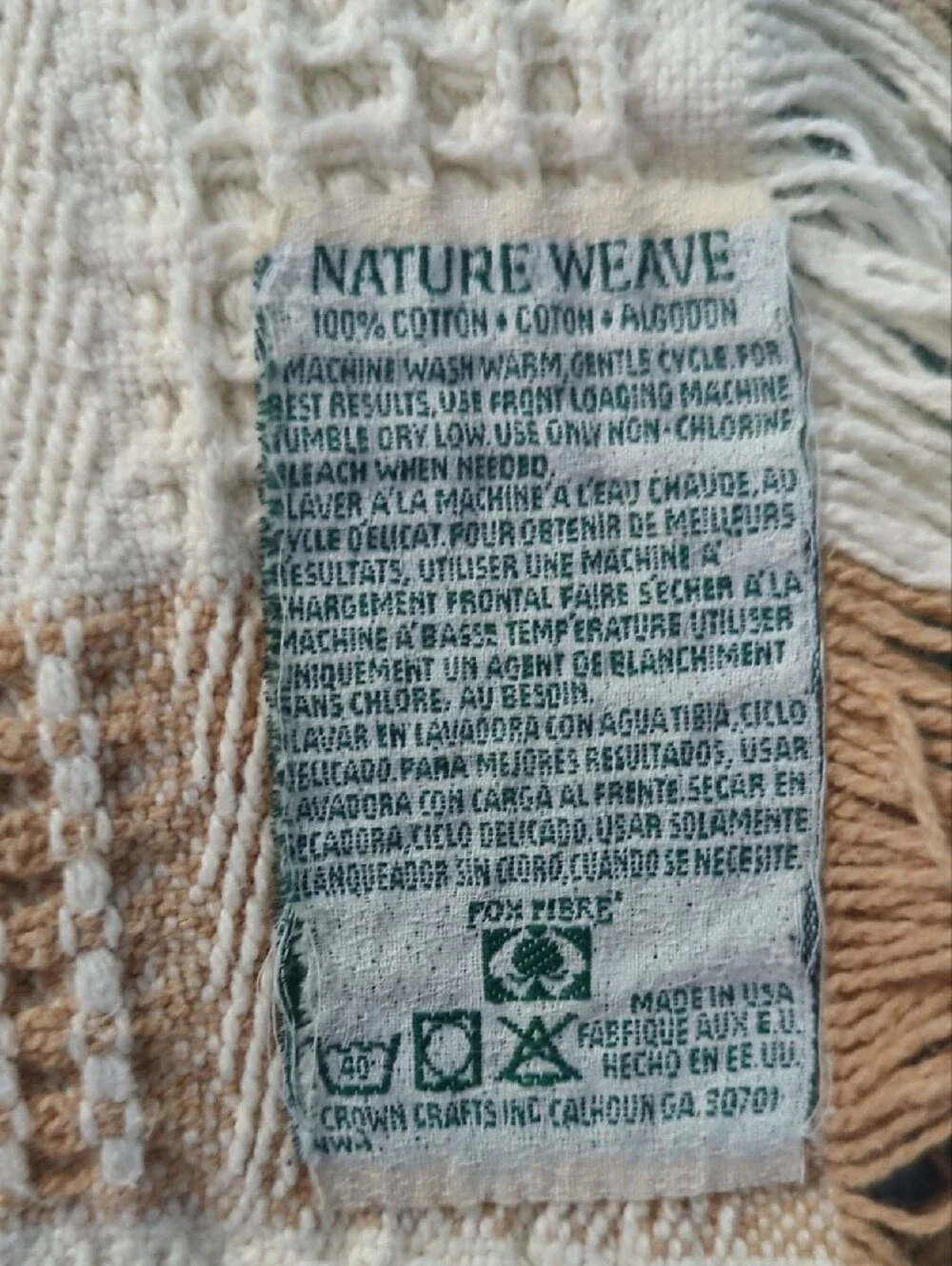 Vintage 100% Cotton Crown Crafts Woven Fringe Throw Blanket - Ivory & Beige